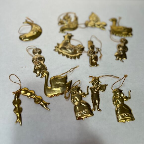 Brass Christmas Ornaments Set Of 12 Folk-Inspired Designs With Gold String Hange - Picture 1 of 6
